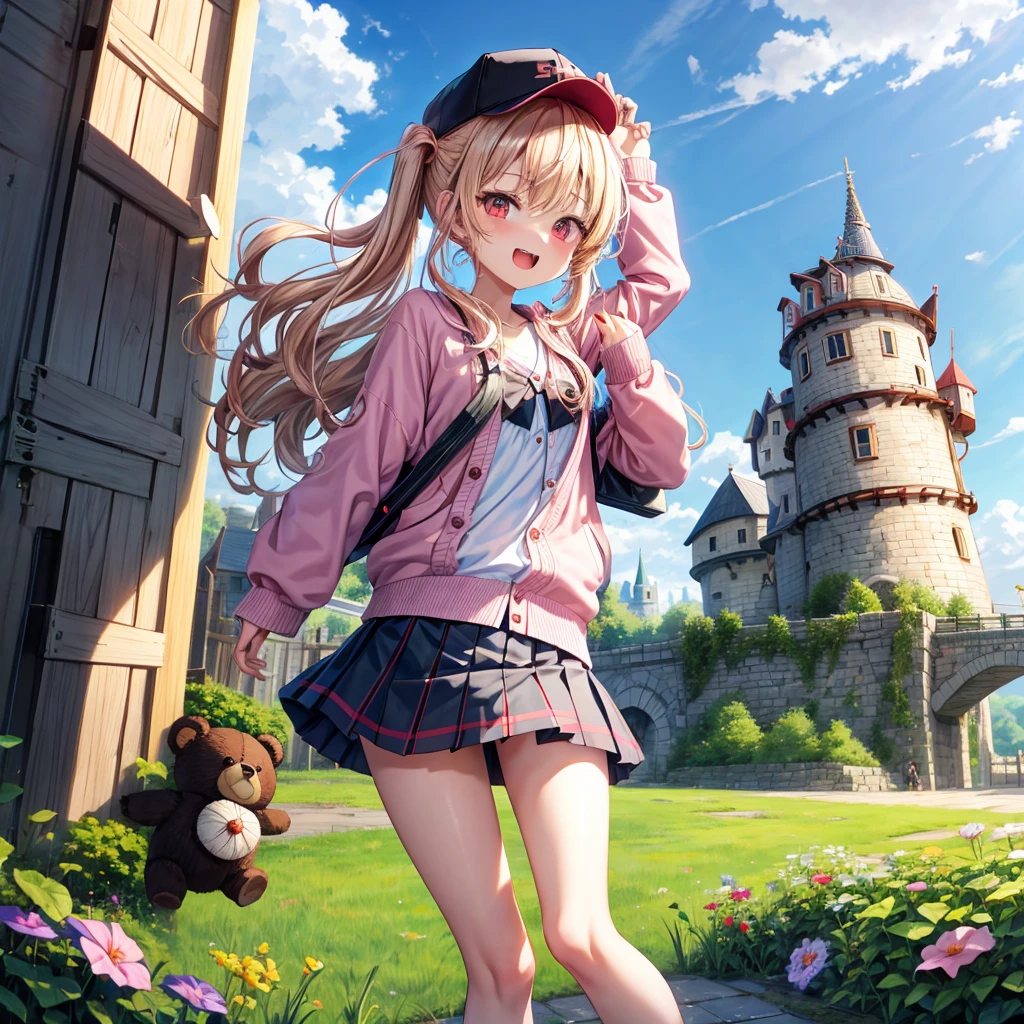 Pink Blonde、Red eyes、Wavy Hair、Hair tied up、Two cute、Checked mini skirt、black t-shirts、cardigan、Knee-high socks、bear ears baseball cap、Teeth are visible、Monster Castle、Tilting face、crossing the bridge、hazakura、windmill、grass、Stones are growing out of the ground.、A teddy bear is walking、Morning glory is blooming.、In front of the city gates、clock、Underground tunnels