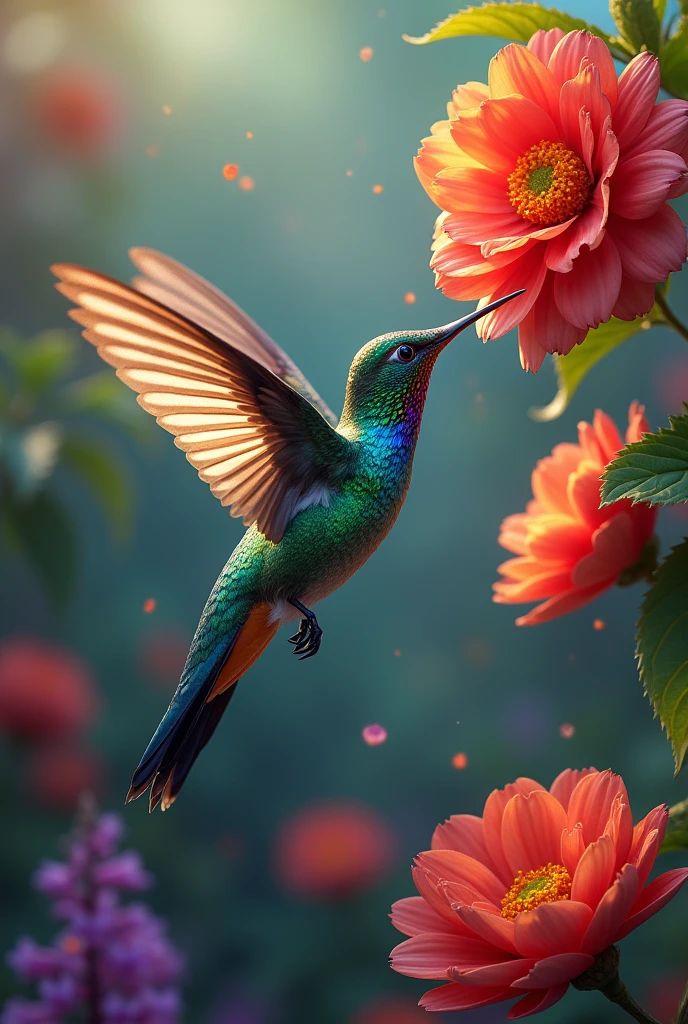 Hummingbird, hyperrealistic, Bright, Colorful, drinking nectar from flowers in flight