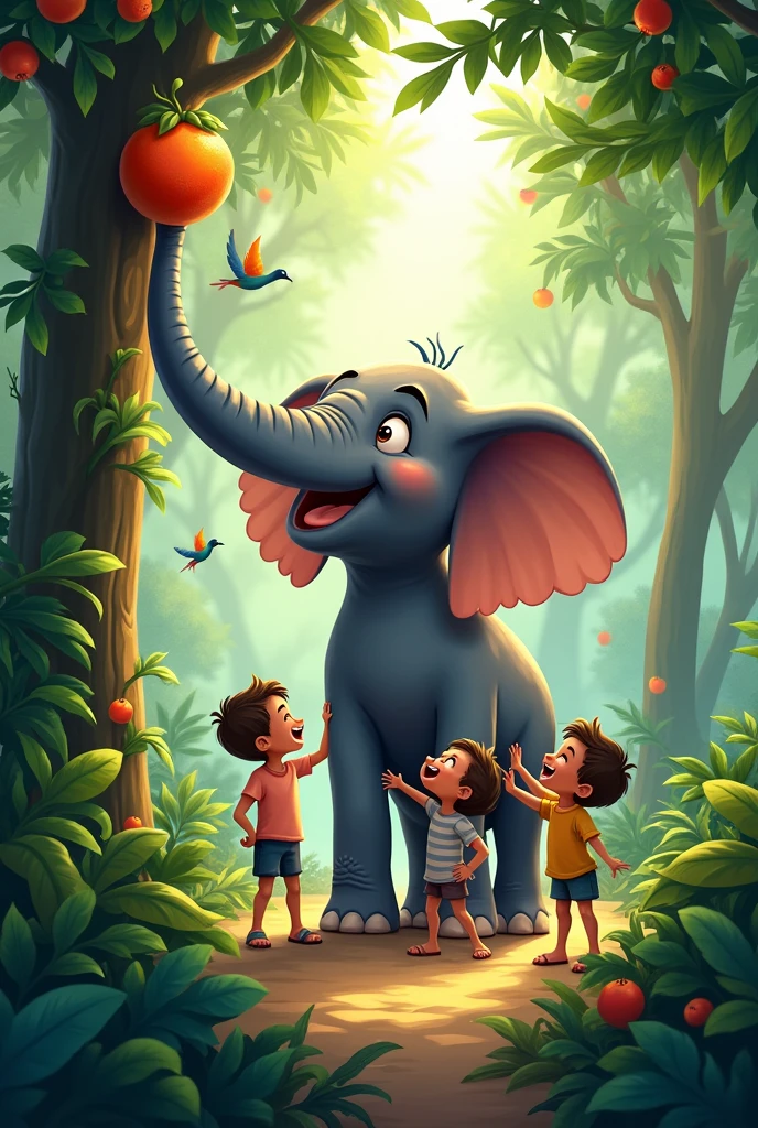 vibrant and lively jungle scene with a large, majestic elephant at the center. The elephant has big, floppy ears and a long trunk, adorned with colorful decorations, giving it a royal appearance. Children are joyfully playing around the elephant, laughing and interacting with it. The elephant is reaching up to a tall tree full of fruits with its trunk, grabbing a fruit. The jungle is lush and green, with sunlight filtering through the dense foliage. Birds are flying in the background, and the atmosphere is filled with the sounds of nature. The overall mood is joyful and playful, capturing the essence of the elephant as the gentle and beloved king of the jungle."