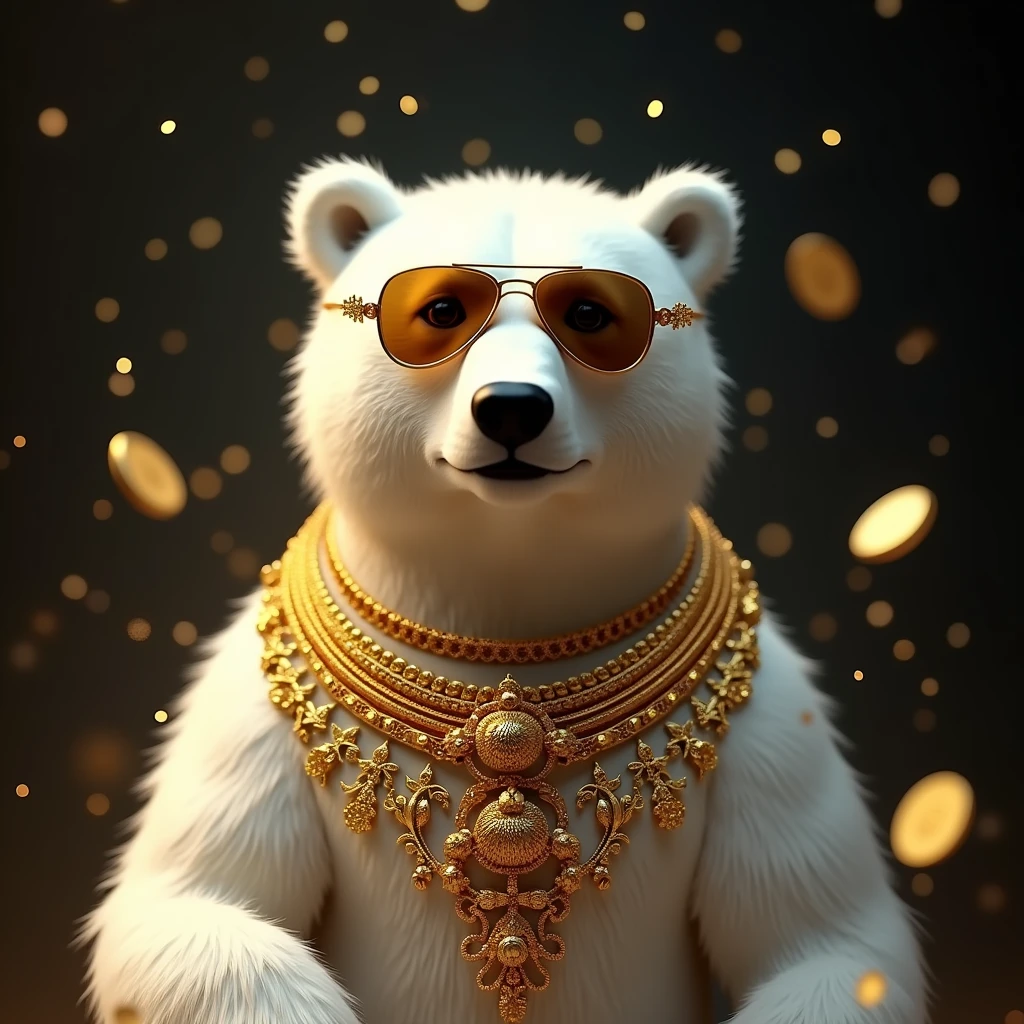   A white bear wearing many gold necklaces and gold sunglasses looking at you. A soft black background with light and shadows. Flying gold coins.