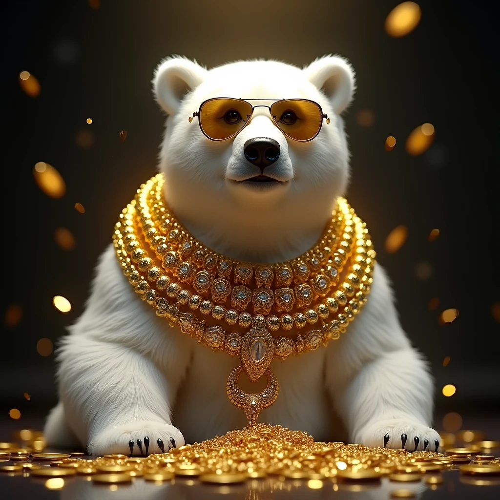 A white bear wearing many gold necklaces and gold sunglasses looking at you. A soft black background with light and shadows. Flying gold coins.