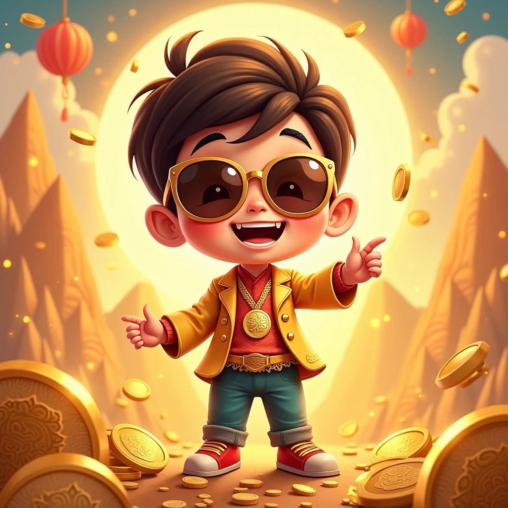 A lucky boy，Cartoon，Wear sunglasses，rich，Multigold，Bright background，jin shan