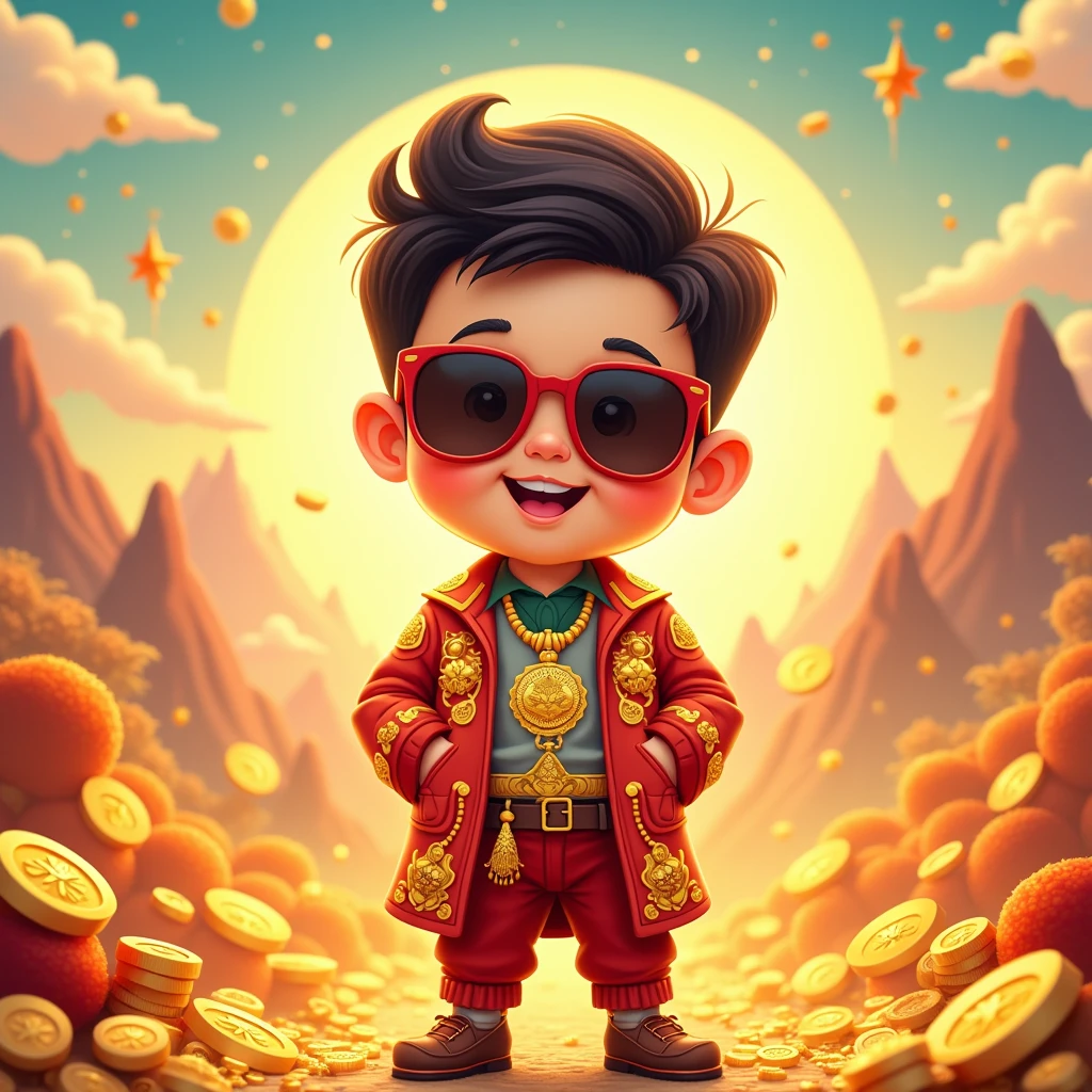 A lucky boy,Cartoon,Wear sunglasses,rich,Multigold,Bright background,jin shan