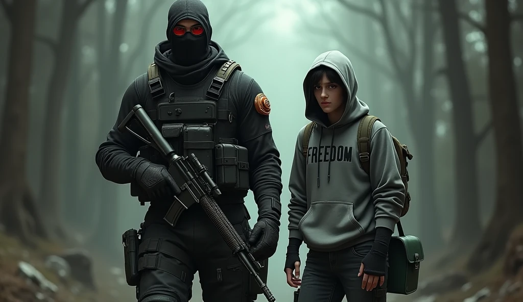 tall F.E.A.R. operative wearing black tactical balaclava and red googles holding assault rifle and standing with a guy holding a pistol and wearing a hood with black shaggy hair, and brown eyes. His attire typically consists of a grey hoodie that features the word “freedom” written on the back, along with black fingerless gloves, black jeans, and black shoes. He also carries a navy green satchel bag. The background is creepy