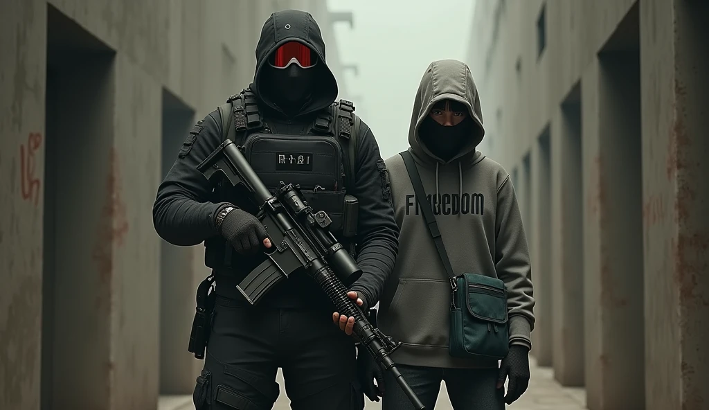 tall F.E.A.R. operative wearing black tactical balaclava and red googles holding assault rifle and standing with a guy holding a pistol and wearing a hood with black shaggy hair, and brown eyes. His attire typically consists of a grey hoodie that features the word “freedom” written on the back, along with black fingerless gloves, black jeans, and black shoes. He also carries a navy green satchel bag. The background is creepy