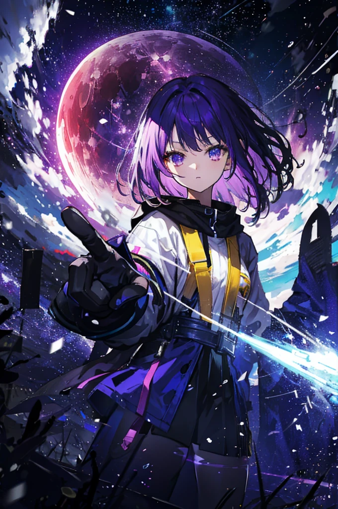 Purple haired girl, about  , yellow and blue odd eye, lunar eclipse , space background, the girl is raising her hand up sky, distorted dimension