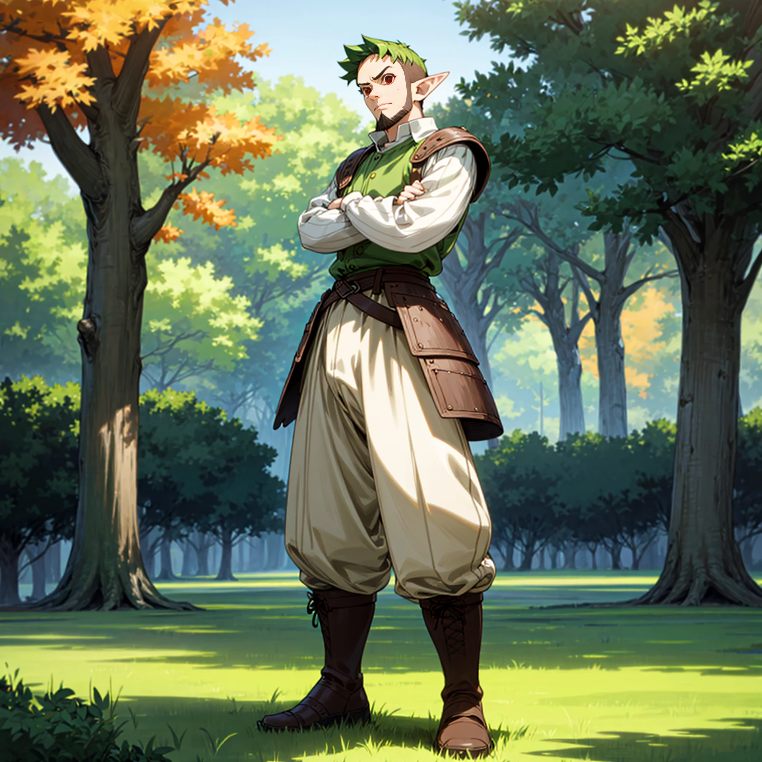 Solo character, full body version, middle aged man, (elf), red eyes, green color hair, undercut hair, casual clothing, white color clothing, brown pants, boots, outdoor, park village, medieval, standing gesture, detailed background, detailed clothing, detailed hair, (one piece style art), heavy armored, chin beard 