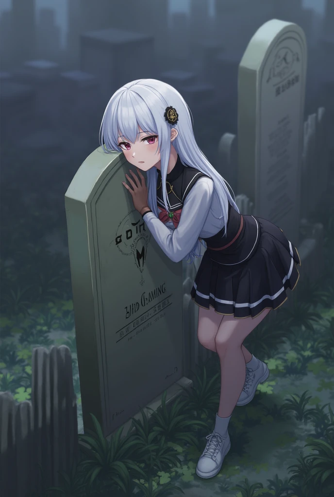 I HAVE A EVERYTHING TO DO, A WOMAN of at least 19 or 20 years old, Genshin Impact character, white hair in a ponytail, blue eyes, leaning in the cemetery, she looks sad. She looks towards the grave. The grave belongs to Yip Gaming, Genshin Impact character. genshin impact art.