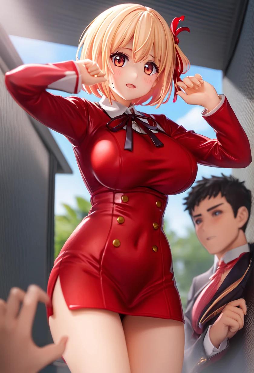 masterpiece, Highest quality, 1 person,( Large Breasts,Are standing, View your audience,),Detailed Background、A person who writes in detail、Accurate human body、Knowledgeable person、Accurate 5 fingers,Mature Woman,Thighsが太い,Cruby Body, Nishikigi chisato, bob cut, hair ribbon,cyclone \(for once\),Long sleeve、Thighs、alone,((lycoris uniform, two-tone dress, red dress, grey dress, neck ribbon, long sleeves,)),((zettairyouiki)),,TranT, (train interior), netorare, chikan, grabbing, hetero, pussy juices, molestation, public indecency, public use,faceless male fingering, 2boys, faceless male, assisted exposure