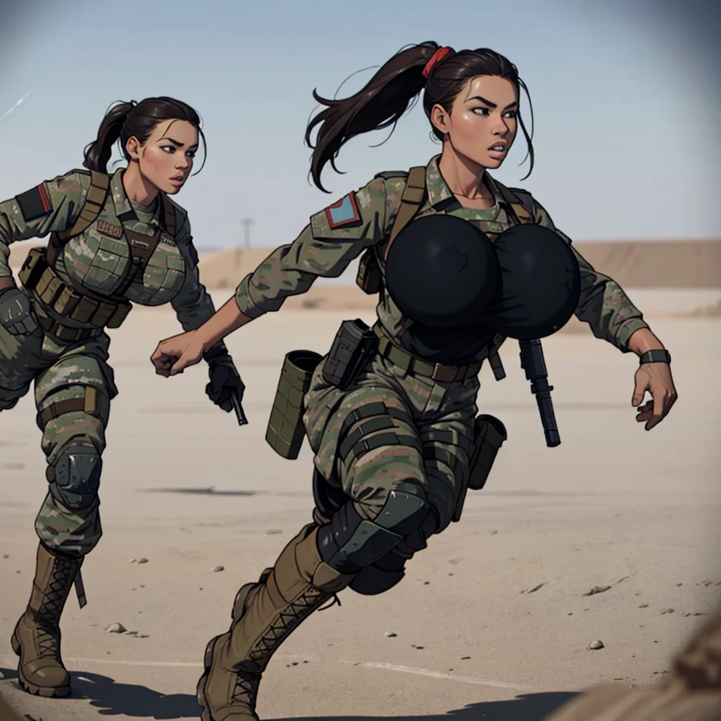 group of female soldiers, war photography, (cinematic lighting:1.1), highest quality, photo of (group of fully dressed really tanned 20yo sexy muscular female army special forces with taut clothing military top, ponytail hair, running holding a rifle), (bouncing breasts, motion lines, motion blur), too tight military shirt, medium_boltedontits, perfectly round breasts, breast implants, unaligned breasts, perfect face, parted lips, dumb expression, (wearing military Combat uniform, battlepack, boots:1.2), athletic body, on the battlefield, fake tits, bootsnutes