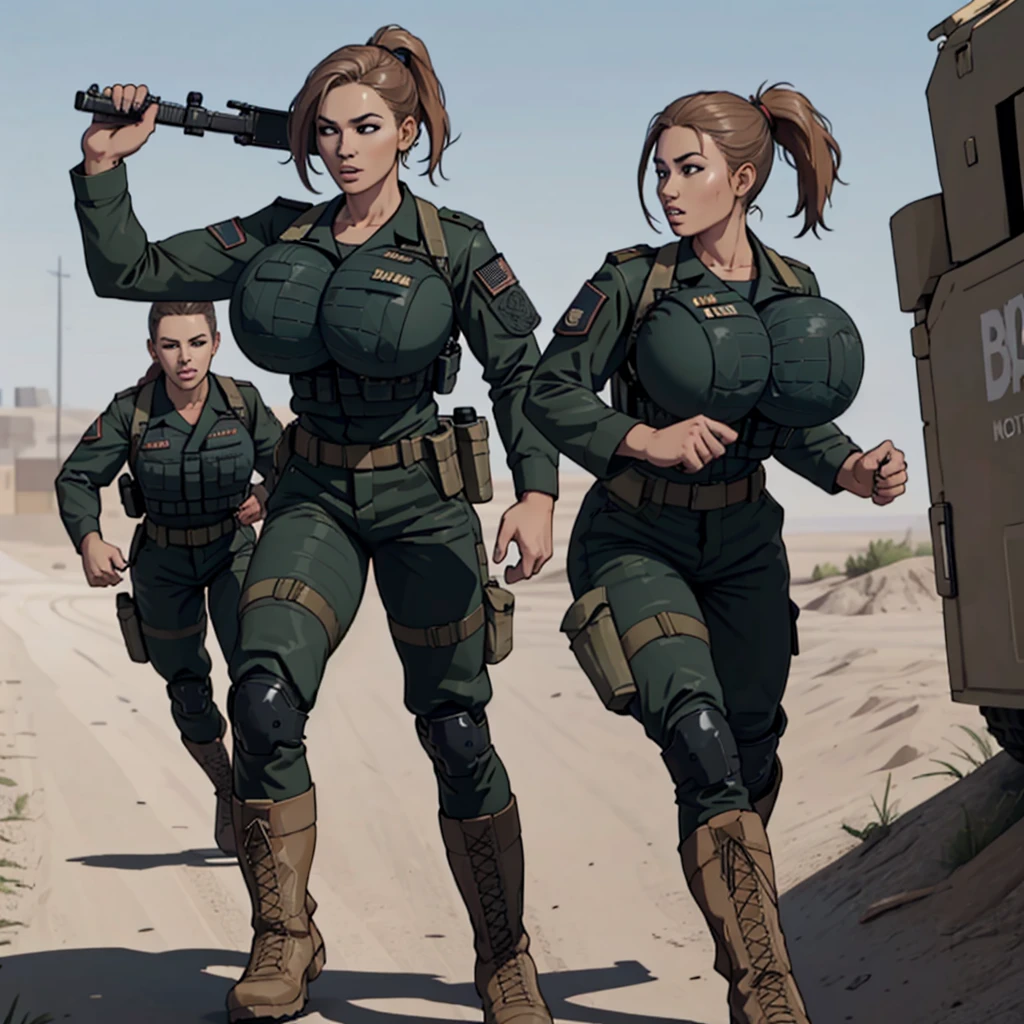 group of female soldiers, war photography, (cinematic lighting:1.1), highest quality, photo of (group of fully dressed really tanned 20yo sexy muscular female army special forces with taut clothing military top, ponytail hair, running holding a rifle), (bouncing breasts, motion lines, motion blur), too tight military shirt, medium_boltedontits, perfectly round breasts, breast implants, unaligned breasts, perfect face, parted lips, dumb expression, (wearing military Combat uniform, battlepack, boots:1.2), athletic body, on the battlefield, fake tits, bootsnutes