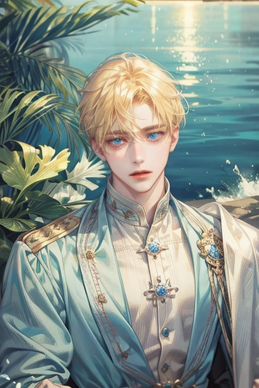 A man with bright blonde hair and sea blue eyes, like a prince.