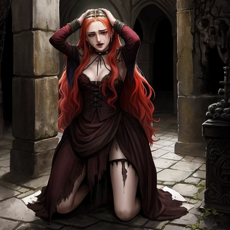Undead Sansa Stark on her knees, forced oral sex, (oral rape:1.3), Sexual violence, hand on her head, holds her by the hair, (traces of beatings on her body:1.2), torn clothes, Sexual slavery, hellish torment, demon pissing on her face
