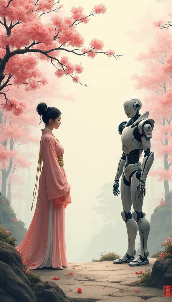 ink painting,Chinese style,There is a peach blossom forest in the distance,Close shot of an woman and a robot admiring flowers