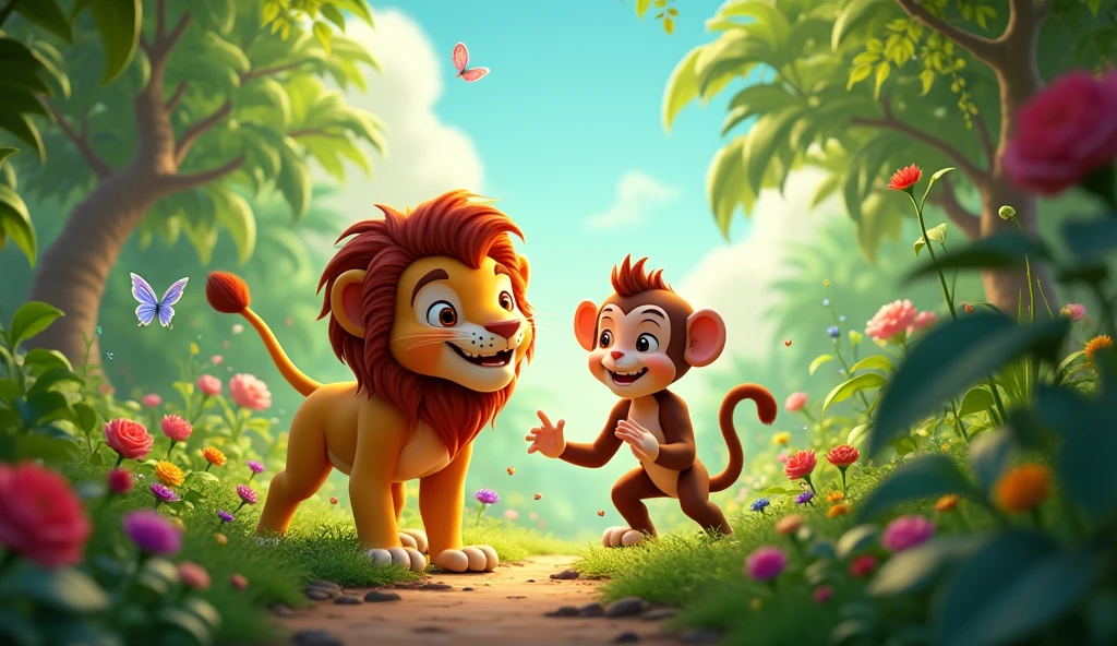 Create 3D cenametic cartoon animation of this prompt "Garden grows and flourishes, with a vibrant animation
Other jungle animals join in to help and play with lion and monkey "