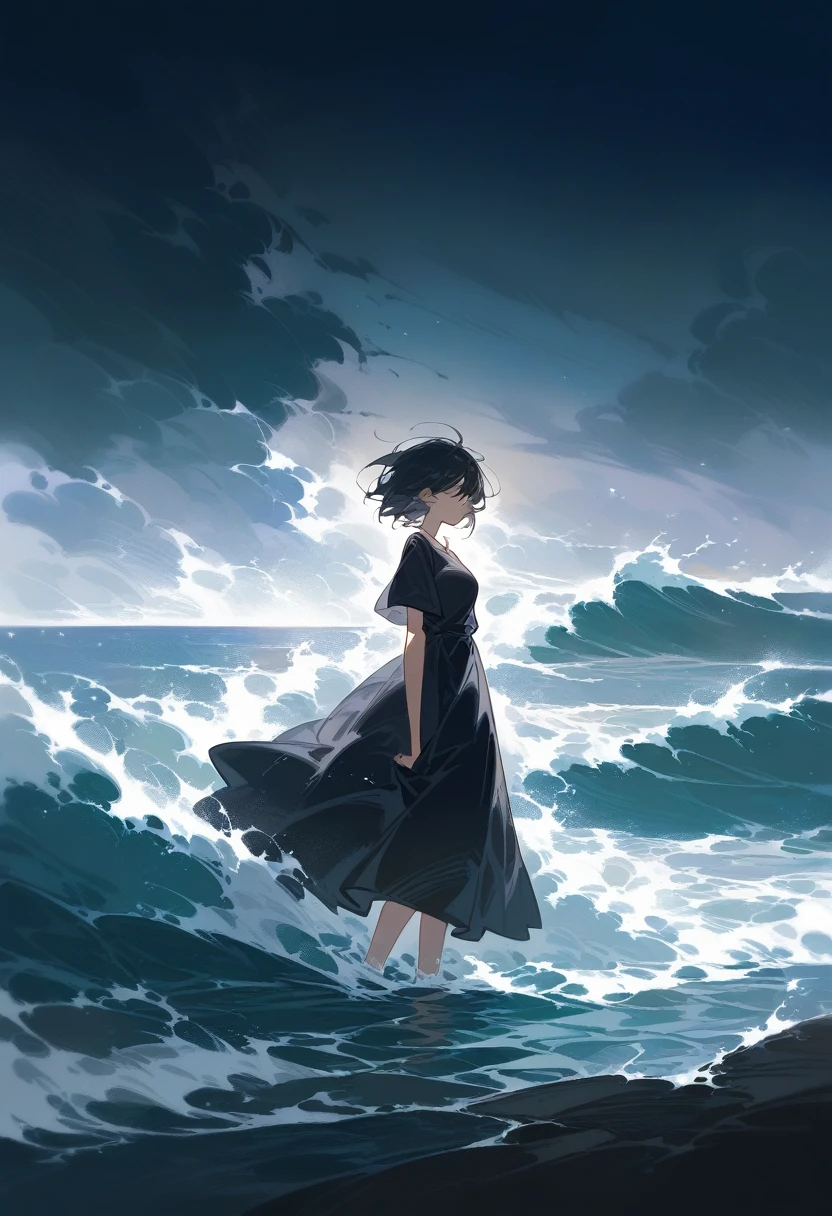 A dramatic seascape with turbulent waves crashing against the shore under an overcast sky. In the foreground, a woman stands alone in the shallow water, facing the viewer. She is wearing a long, flowing black dress that contrasts sharply with the frothy white waves around her feet. The dress appears to be heavy, almost absorbing the surrounding melancholy atmosphere. Her short hair is tousled by the wind, and her expression is solemn, reflecting the intensity of the scene. The ocean behind her is vast and unrelenting, with waves rising high as they break, sending mist into the air. The overall mood of the image is one of isolation, contemplation, and a raw connection with the power of nature.
