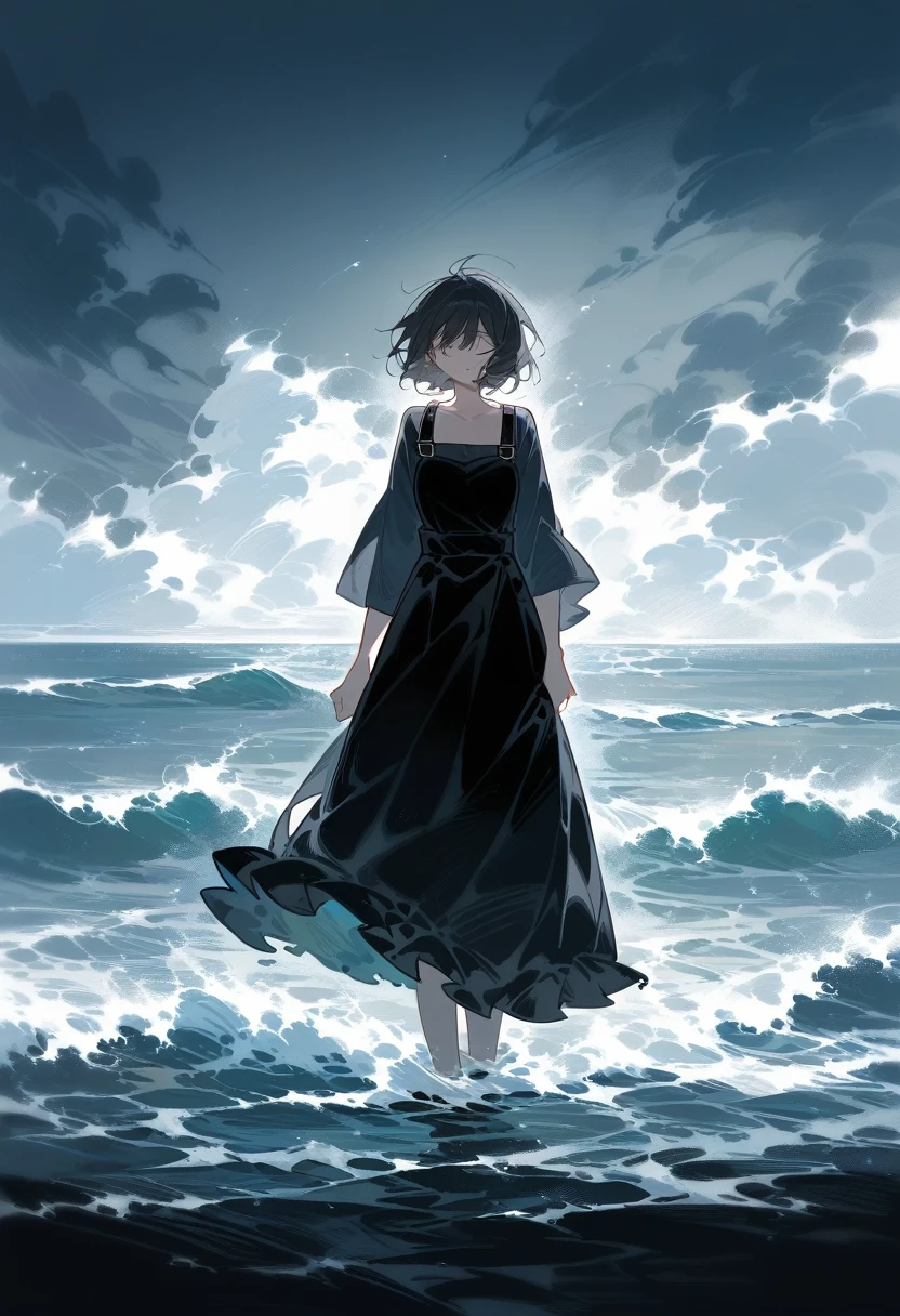 A dramatic seascape with turbulent waves crashing against the shore under an overcast sky. In the foreground, a woman stands alone in the shallow water, facing the viewer. She is wearing a long, flowing black dress that contrasts sharply with the frothy white waves around her feet. The dress appears to be heavy, almost absorbing the surrounding melancholy atmosphere. Her short hair is tousled by the wind, and her expression is solemn, reflecting the intensity of the scene. The ocean behind her is vast and unrelenting, with waves rising high as they break, sending mist into the air. The overall mood of the image is one of isolation, contemplation, and a raw connection with the power of nature.