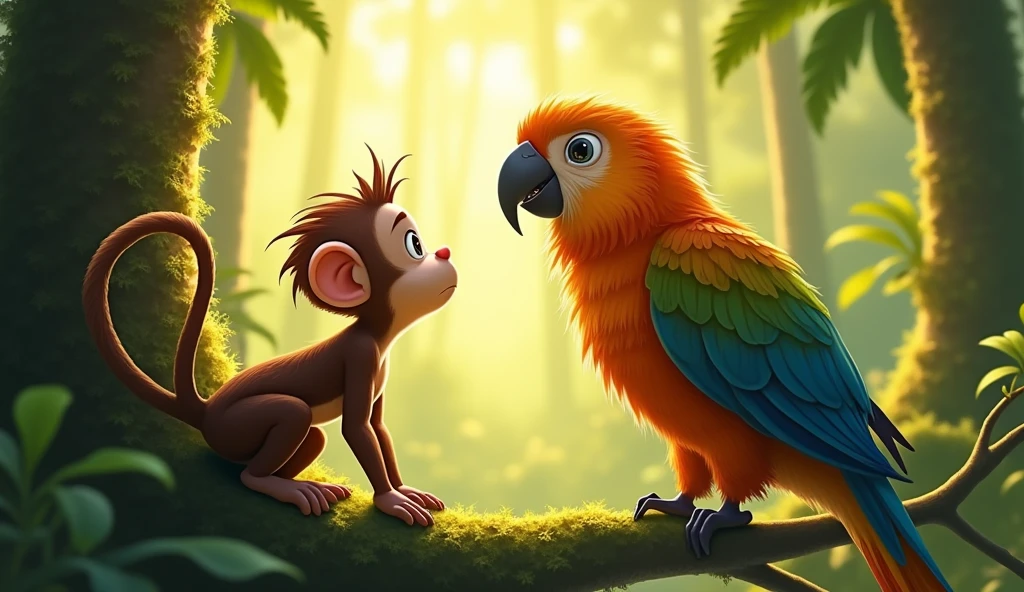 One sunny morning, monkey heard a rustling sound coming from the big, tall trees. It was his friend, a wise old parrot named Percy.