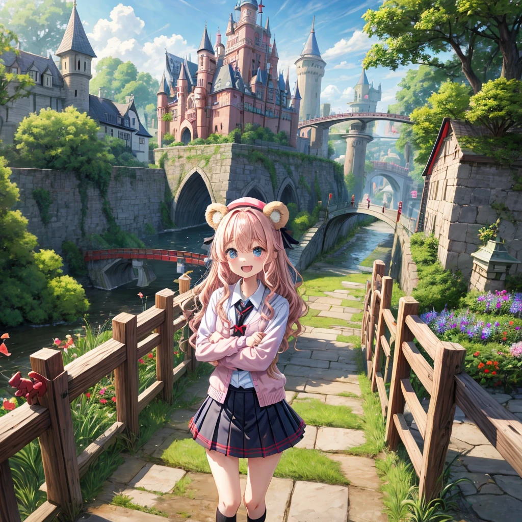Pink Blonde、Red eyes、Wavy Hair、Hair tied up、Two cute、Checked mini skirt、black t-shirts、cardigan、Knee-high socks、bear ears baseball cap、Teeth are visible、Monster Castle、Tilting face、crossing the bridge、hazakura、windmill、grass、Stones are growing out of the ground.、A teddy bear is walking、Morning glory is blooming.、In front of the city gates、clock、Underground tunnels