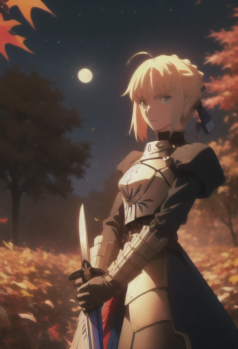 (safe:1.10), best quality, masterpiece, highres, solo, (saber_fatestaynightufotable:1.10), anime_style, 24 ,Serious expression,big breast,Excalibur,Falling autumn leaves,autumn leaves,moonlight,cowboy shot,Ready your sword,full body shot