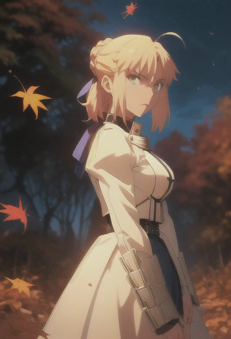 (safe:1.10), best quality, masterpiece, highres, solo, (saber_fatestaynightufotable:1.10), anime_style, 24 ,Serious expression,big breast,Excalibur,Falling autumn leaves,autumn leaves,moonlight,cowboy shot,Ready your sword,full body shot