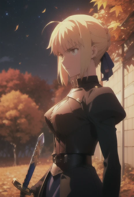 (safe:1.10), best quality, masterpiece, highres, solo, (saber_fatestaynightufotable:1.10), anime_style, 24 ,Serious expression,big breast,Excalibur,Falling autumn leaves,autumn leaves,moonlight,cowboy shot, Ready own sword,full body shot,black dress,black ribbon