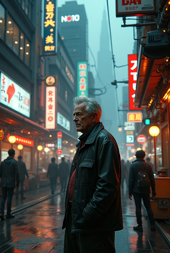 Near future、2050Year、Tokyo、Downtown、Cyberpunk worldview、Steampunk worldview、A shabby man、In a corner of the city、Professional work、中Year、Intellectual