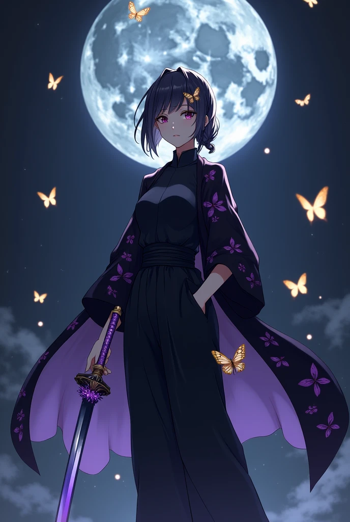 Create an image of Shinobu Kocho from Demon Slayer. She should be standing confidently with her sword at her side or slightly raised.
- **Outfit**:
- Dark, high-collared jacket with loose pants.
- Butterfly-themed haori: white with a gradient fading into purple at the tips, featuring a butterfly wing pattern with black and purple details.
- **Sword**:
- Thin katana with a lavender-colored blade.
- Guard shaped like a flower with multiple petals, handle wrapped in a purple grip.
- **Background**:
- Dark and atmospheric, with hints of moonlight casting soft shadows.
- Include faintly glowing butterflies fluttering around her.
- **Additional Details**:
- Her hair is tied up with a butterfly hairpin.
- Her expression is calm, serene, and slightly mischievous.
Make sure the style closely resembles her original character design from the anime.