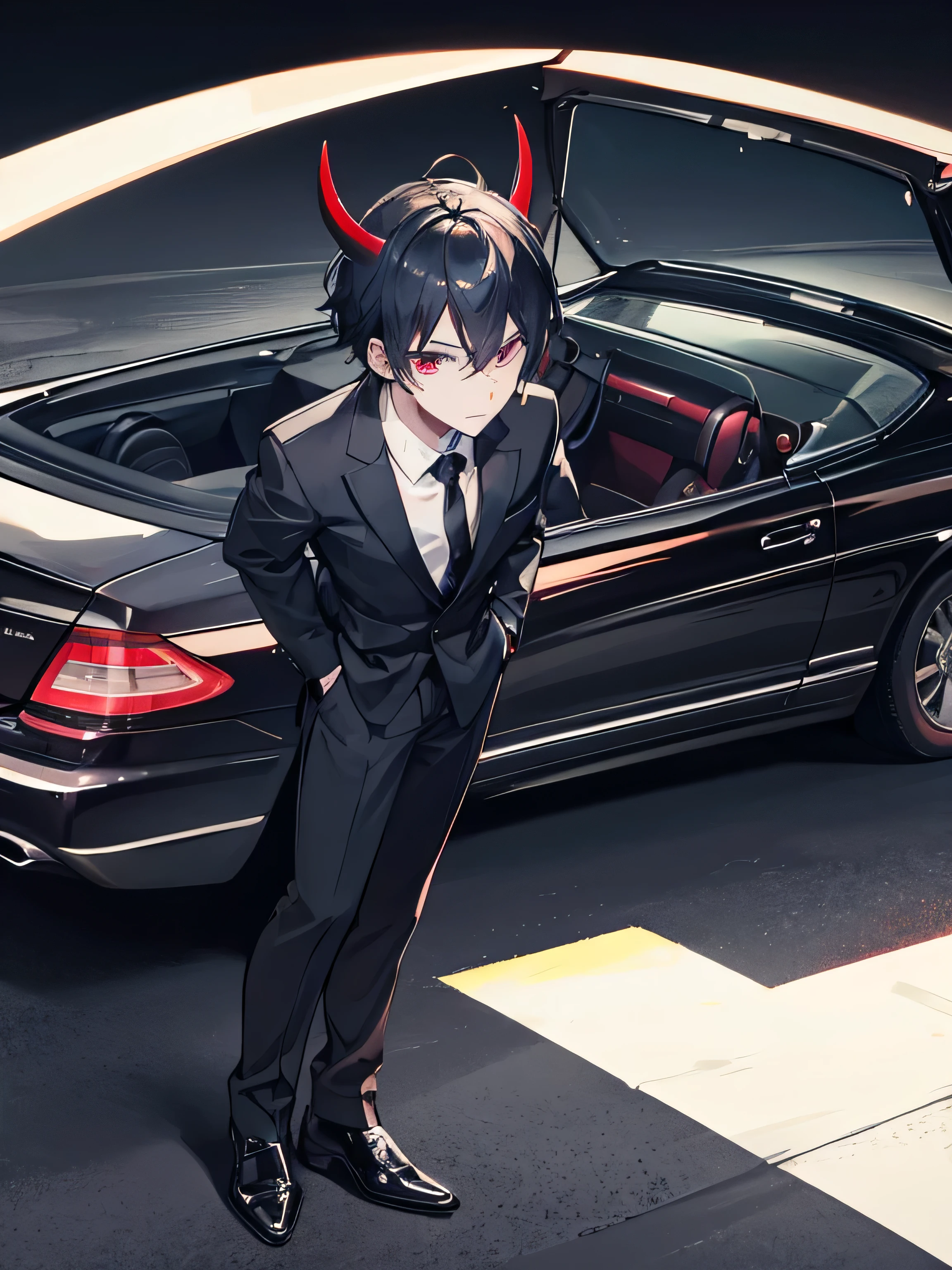 Black Mercedes-Benz W111 car, Convertible, alone, tunnel, 1960, A handsome man, demon, butler, red crimson eyes color, dark blue hair color, demon horns, demon tails, 27-year-old, driving, driver seat, eyes on the road, eyes looking forward, serious