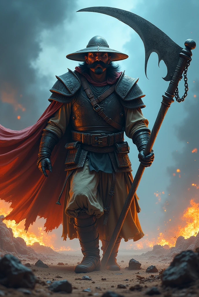 "Create a realistic and intense image of a warrior named FarmMasteR, depicted with a head that resembles the drawing provided, including the hat, facial features, and mustache. The warrior should be holding a large scythe, representing his farming background. The character should be dressed in traditional medieval desert armor, with a unique and fearsome presence. The background should depict a war-torn desert battlefield with a blue tone, filled with flames, smoke, and destruction to enhance the intense atmosphere. The lighting should be dramatic, emphasizing FarmMasteR's powerful and unique appearance. The name 'FarmMasteR' should be prominently displayed in bold, cinematic font, ensuring it is clearly visible and integrated into the design."