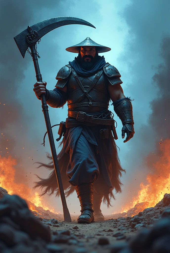 "Create a realistic and intense image of a warrior named FarmMasteR, depicted with a head that resembles the drawing provided, including the hat, facial features, and mustache. The warrior should be holding a large scythe, representing his farming background. The character should be dressed in traditional medieval desert armor, with a unique and fearsome presence. The background should depict a war-torn desert battlefield with a blue tone, filled with flames, smoke, and destruction to enhance the intense atmosphere. The lighting should be dramatic, emphasizing FarmMasteR's powerful and unique appearance. The name 'FarmMasteR' should be prominently displayed in bold, cinematic font, ensuring it is clearly visible and integrated into the design."