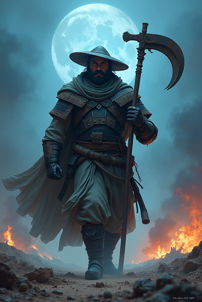 "Create a realistic and intense image of a warrior named FarmMasteR, depicted with a head that resembles the drawing provided, including the hat, facial features, and mustache. The warrior should be holding a large scythe, representing his farming background. The character should be dressed in traditional medieval desert armor, with a unique and fearsome presence. The background should depict a war-torn desert battlefield with a blue tone, filled with flames, smoke, and destruction to enhance the intense atmosphere. The lighting should be dramatic, emphasizing FarmMasteR's powerful and unique appearance. The name 'FarmMasteR' should be prominently displayed in bold, cinematic font, ensuring it is clearly visible and integrated into the design."