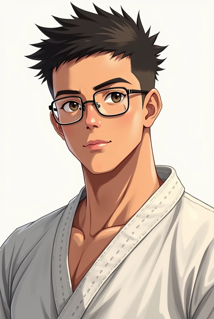 Watanabe Kaiya man&#39;s hair is spiky　
Short hair, kind-looking face, gentle, short hair, 30 years old, round face, cropped hair, glasses, single eyelids, karate, strong