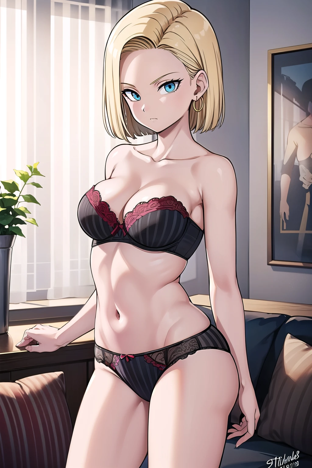 (best quality), (high quality),(masterpiece), (detailed), (high resolution), (Detailed face), (Android 18),  Classic look, One girl, alone, View your viewers, short hair, blue eyes, Blonde, clavicle, Hoop Earrings, Cleavage, (medium breastst), ((Exposed breasts)), stantting, (black strapless bra), ((red horizontal stripes panties)), Cowboy Shot, indoors, living room