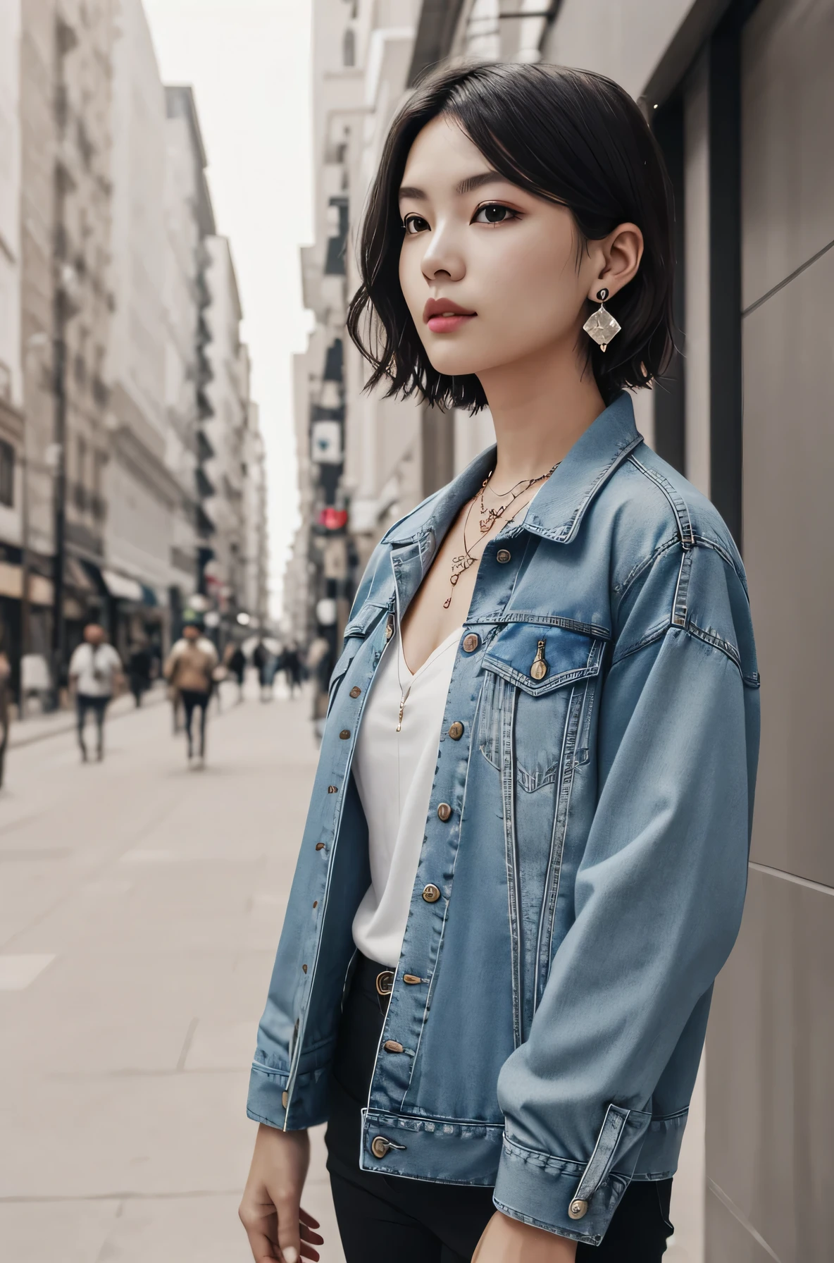 Pure white beauty、Clear Brazilian woman、short hair、、Denim jacket、shirt、View your audience, Earrings, necklace, _background,City Streets Task in progress

