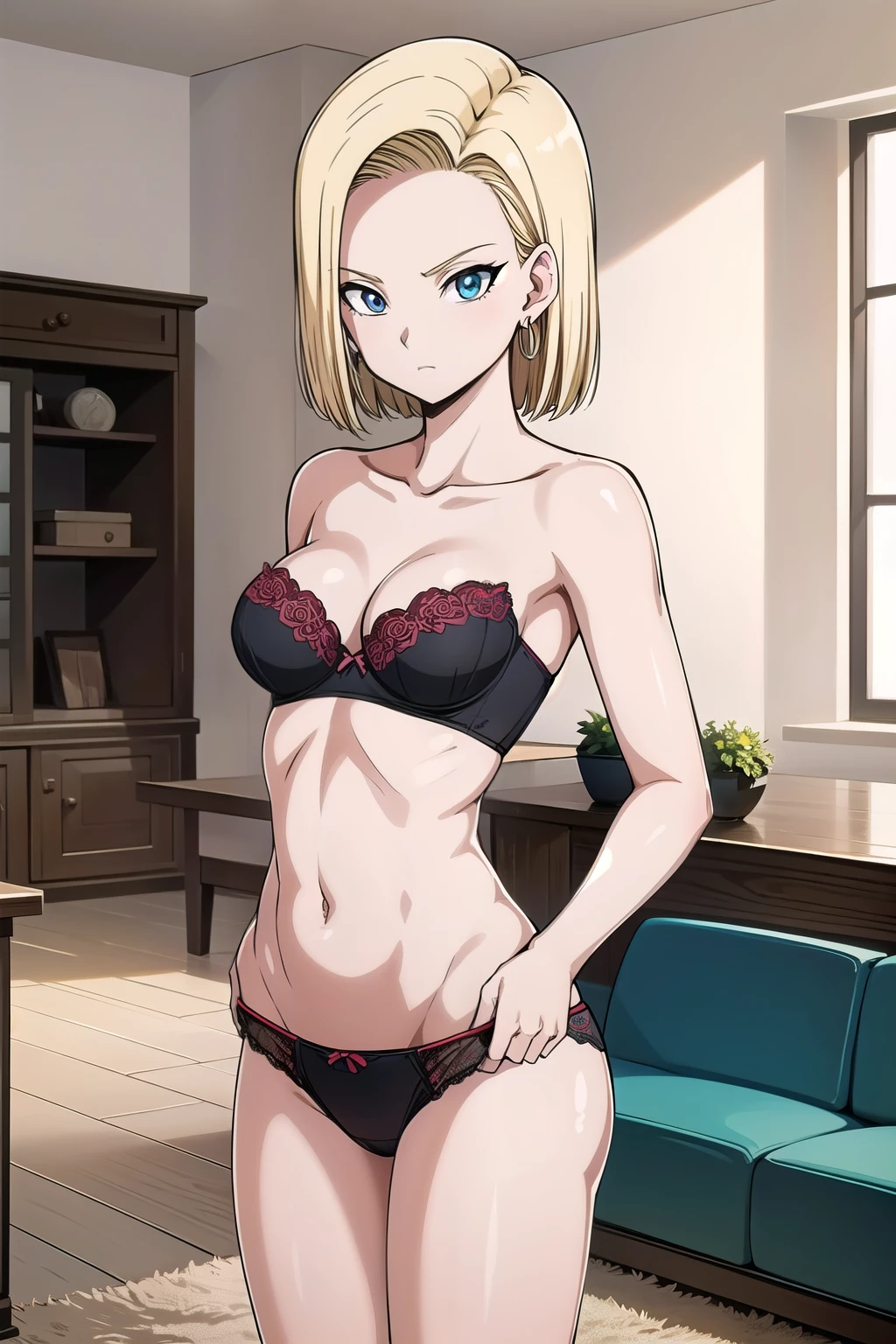 (best quality), (high quality),(masterpiece), (detailed), (high resolution), (Detailed face), (Android 18),  Classic look, One girl, alone, View your viewers, short hair, blue eyes, Blonde, clavicle, Hoop Earrings, Cleavage, (medium breastst), ((Exposed breasts)), stantting, (simple black strapless bra), ((red horizontal stripes panties)), Cowboy Shot, indoors, living room