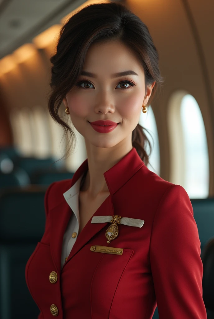 best quality,(RAW photo:1.2),(masterpiece:1.4),(photorealistic:1.4),(highres:1.4), 1girl, depth of field, flight attendant, intricately detailed,8k, extremely detailed, perfect lighting, epic background