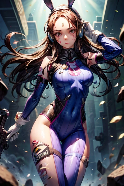 1 girl, (d.and (Overwatch):0.8), alone, long hair, Beard markings, tights, brown hair, facial mark, mitt, chest, brown eyes, pilot suit, cowboy shot, earphone, white gloves, breast, sweeping forehead, skin is tight, Animal Print, forehead, Rabbit print, Golji One Piece Stockings, face painting, pink lips,l, holding a gun, serious expression, Suspicious, consideration, investigation, middle of the fight, battle background, DEFEATED