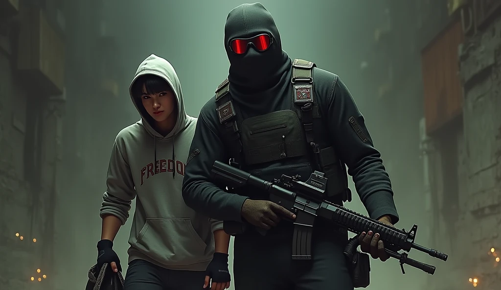tall F.E.A.R. operative wearing black tactical balaclava and red googles holding assault rifle and standing with a guy holding a pistol and wearing a hood with black shaggy hair, and brown eyes. His attire typically consists of a grey hoodie that features the word “freedom” written on the back, along with black fingerless gloves, black jeans, and black shoes. He also carries a navy green satchel bag. The background is creepy