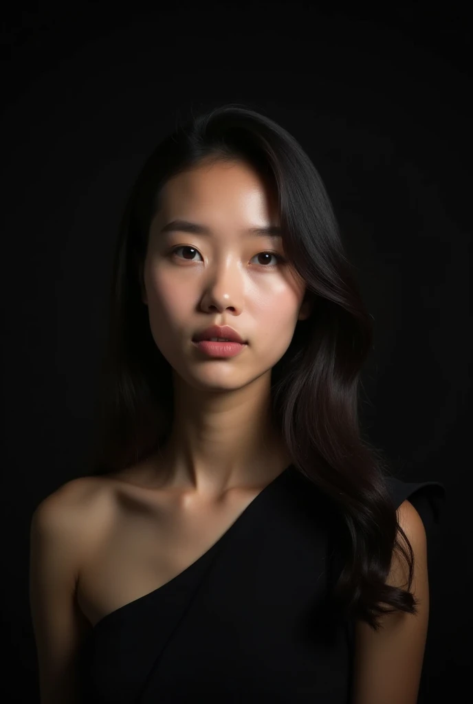 photo brute, visage de face ,closed mouth ,portrait photo d&#39;a beautiful 26 year old.oh woman, visage mignon neutre , wearing a black dress, happy face, harsh shadows, Cinematographic shooting, bright lighting 
