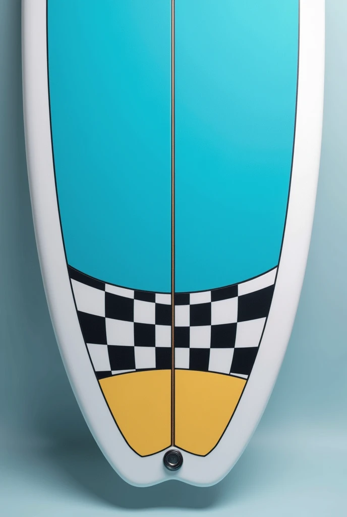 A surfboard with a blue top, which has a white border and two white and black checkered stripes in the middle from top to bottom. The stringer should be visible