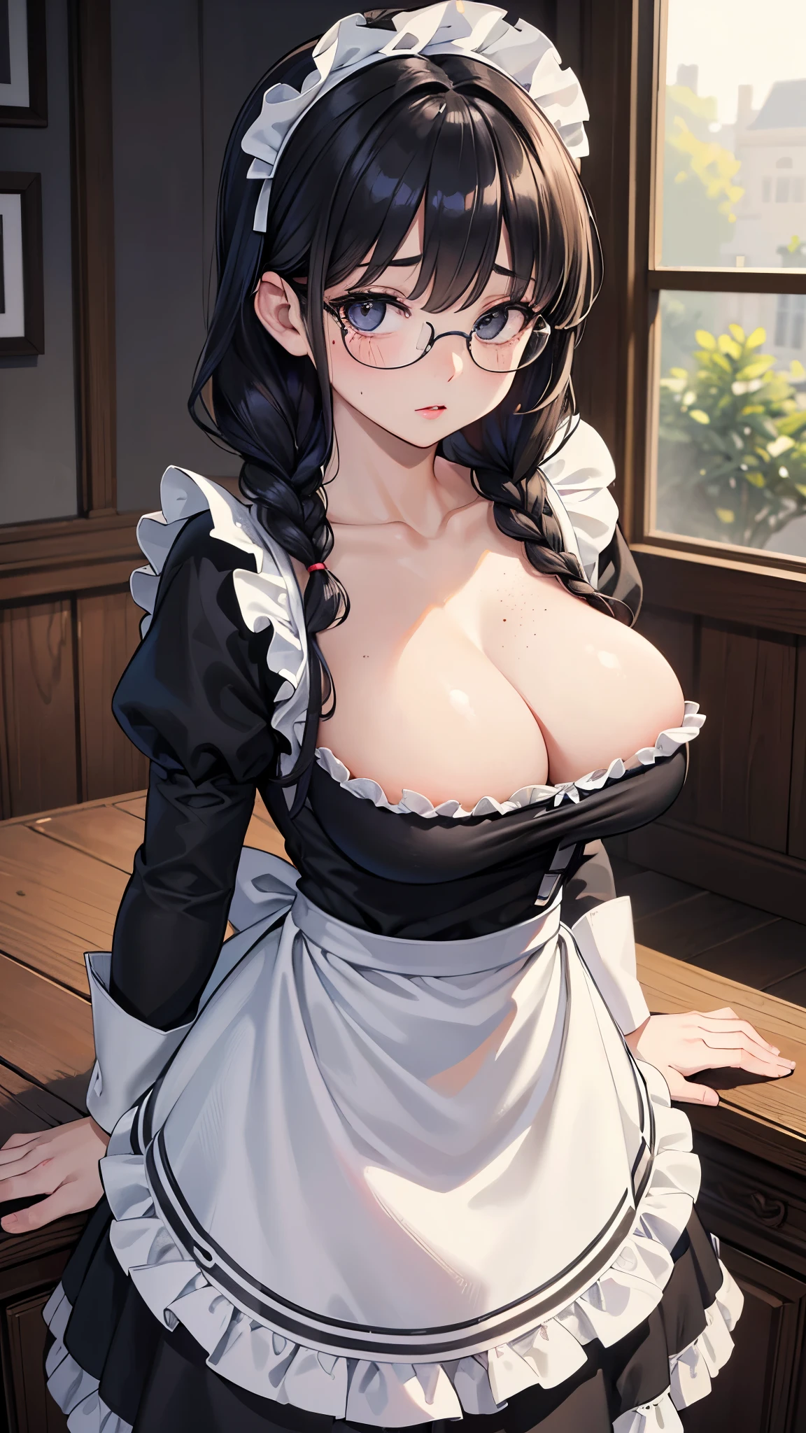 (masterpiece, 最high quality, 超High resolution, Very detailed), (Realistic:1.1, photoRealistic:1.4), Perfect illustration, Perfect lighting,Perfectly detailed hair, Perfect and exquisite face, Perfect collarbone, Perfect body,Juicy breasts, Perfect Thighs, Beautiful legs, View your audience, 1 person,Perfect Face, (Perfect Anatomy, Anatomically correct), Symmetrical face、((Shiny Hair)),Sexy Body、(masterpiece),(最high quality:1.3),8k,Very clear,(Ultra-realistic),Captivating woman,(high quality, High resolution, The finer details), Realisticなスタイルの女性,Juicy breasts、Perfect Woman、Perfect Face、Symmetrical face、、((Big breasts))、blush、((Juicy lips))、Cowboy Shot、(((Black braided hair)))、((Large, double-set black eyes、Long eyelashes))、(Red Makeup)、(((Housemaid)))、(((Frilled maid outfit、Frill apron)))、(Healthy and well-developed body)、((Big tits jk))、(indoor、Mansion)、(((Glasses、freckle)))