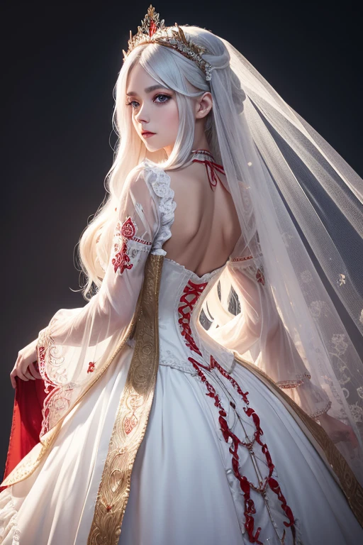 a  girl with absurdly long white hair, blue eyes, wearing an ornate long white and red see-through layered long dress with long detached wide sleeves and intricate embroidery, a bridal veil, circlet, bridal gauntlets, blushing and shy, arched back, ruffled petticoat, and ornate corset, floating in a high resolution, ultra-detailed, masterpiece CG unity 8k wallpaper, sexually suggestive