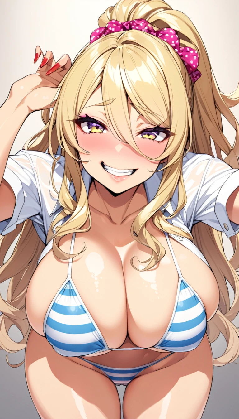 nsfw,,inuyama_aoi,aoi_inuyama,, solo girl, heart shaped pupils,{{{mosu_(5240mosu)}}},thick eyeblow,shake motion,seductive smile,sexually flirtatious glance,saliva trail,big breasts, line drawing, glossy clothes ,, sweaty clothes, ,lotion, narrow eyes,bikini,great_mosu,nururi,ponytail 