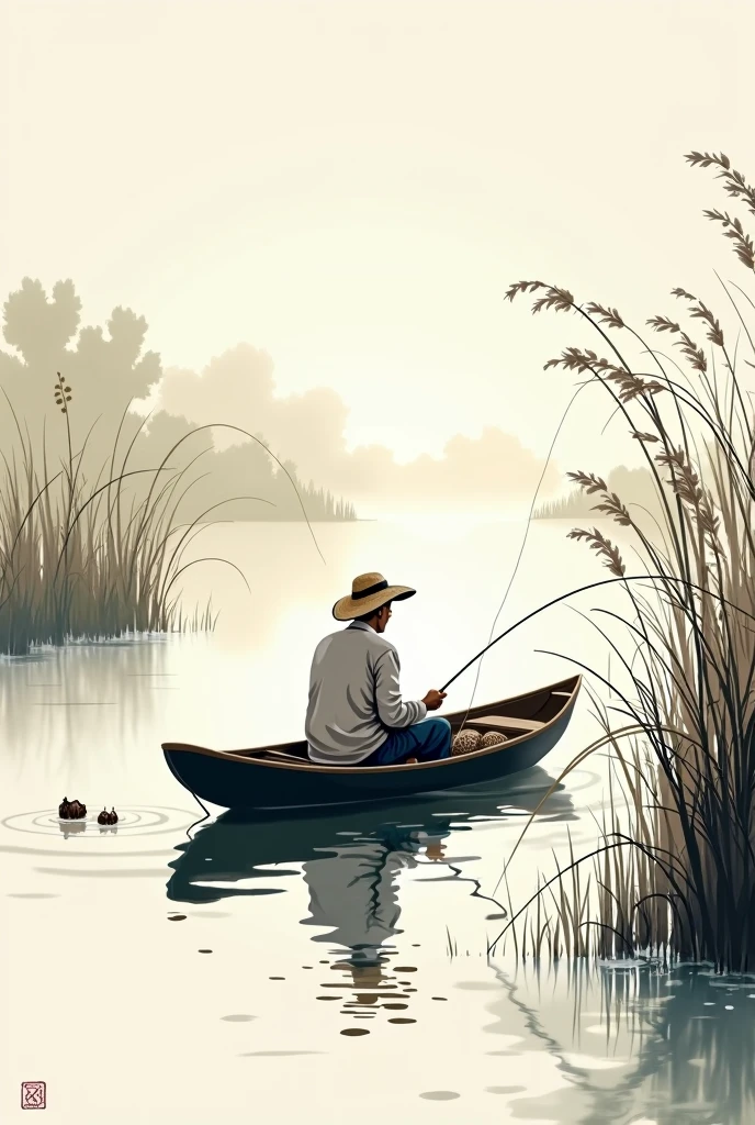 best quality, masterpiece, (Sumi-e style:1.5)、(A fisherman on a summer pond)、(Sitting)、(Float fishing:1.3)、(Wearing a straw hat)、(Reeds on the shore of the pond)、(Morning haze)、(Tranquil scenery)、(Fishing:1.3)
