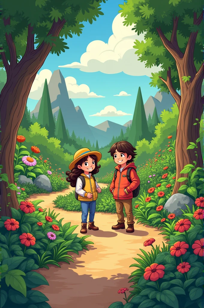 Generate a photo within cartoon style Inspired by the explorer’s story, Emma and Liam decided to restore the secret garden. They spent weeks working together, planting flowers and clearing paths, turning the once-hidden sanctuary into a place of beauty and tranquility.