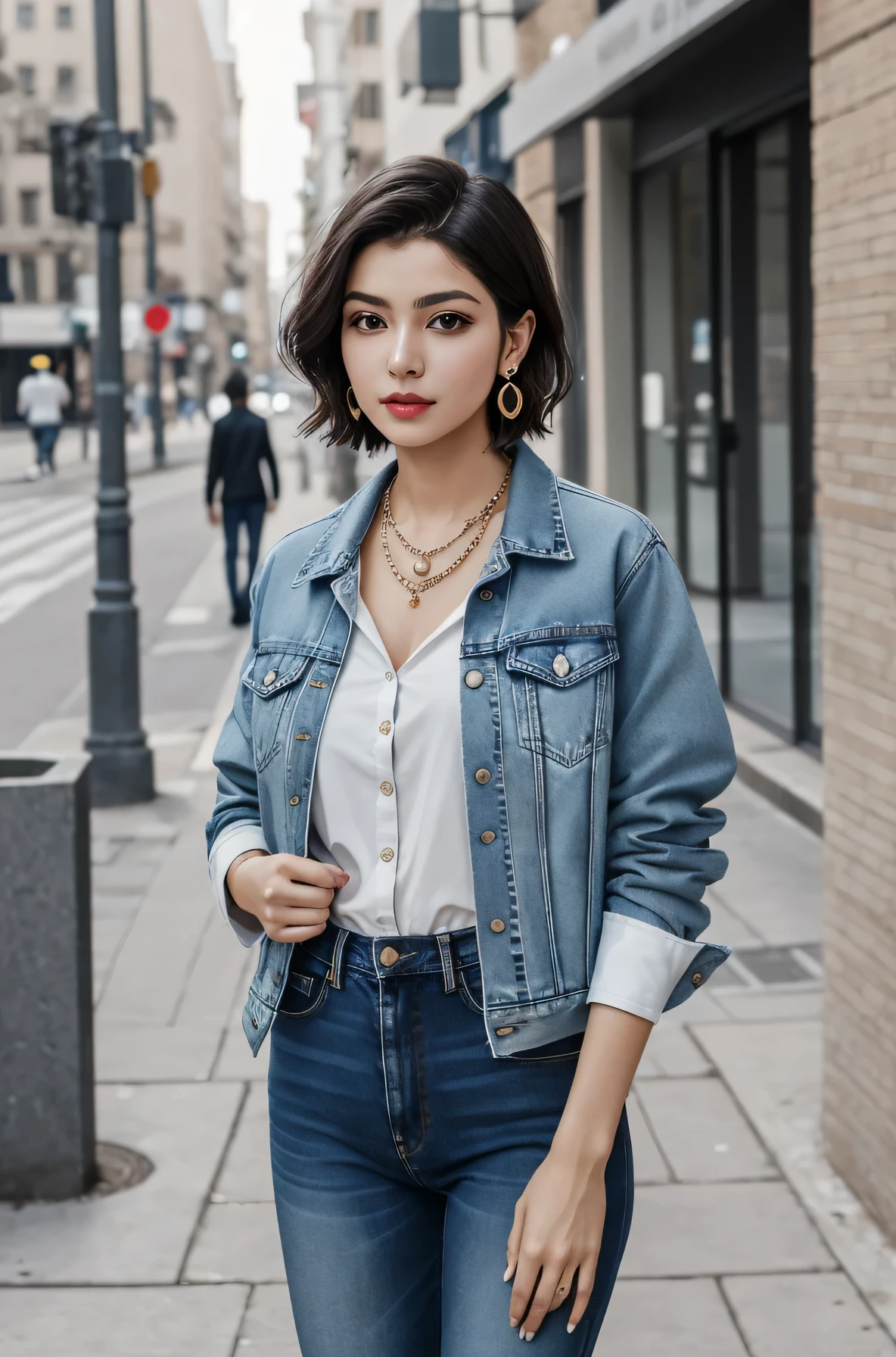 Pure white beauty、Clear Iranian woman、short hair、、Denim jacket、shirt、View your audience, Earrings, necklace, _background,City Streets Task in progress