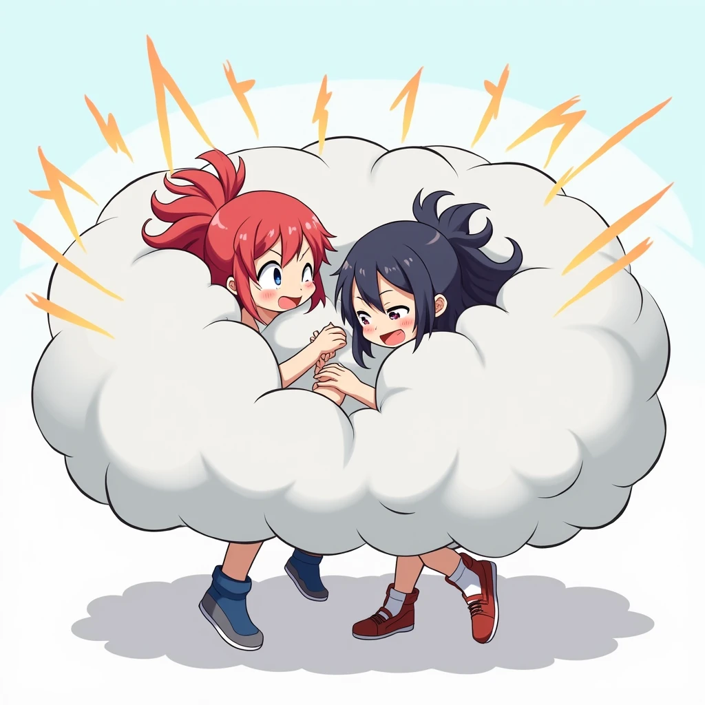 An anime-style illustration depicting girls playfully wrestling with each other inside a light gray comical fight cloud (dust cloud).
each girl has different colored hair.
their faces,hands,and feet are visible emerging from the cloud as they tussle humorously, with the rest of their bodies completely hidden inside the cloud.
the illustration emphasizes the humorous and energetic nature of their scuffle,with a fluffy and exaggerated fight cloud.