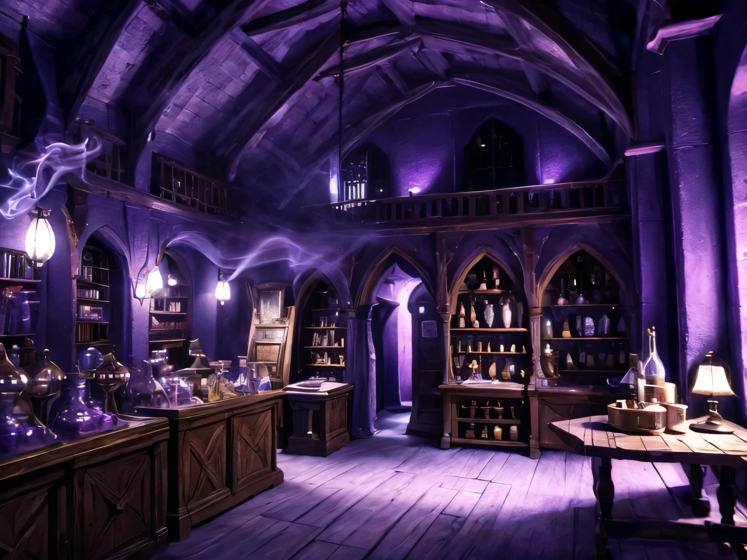 Medieval curiosity shop, Every wall is painted purple, everything is painted purple, ((Interior)), ((Smoke))