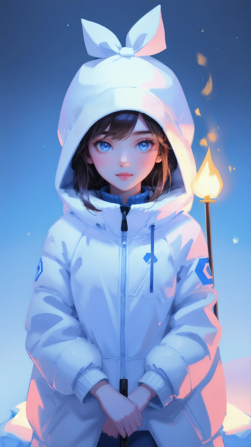 Beautiful, cute girl in a stylish winter outfit, roasting marshmallows over a campfire in a mystical ice cave. The cave walls glisten with blue light, and the girl holds a marshmallow skewer with Bitcoin-shaped marshmallows. Keywords: Crypto Winter Survival Kit, blue background